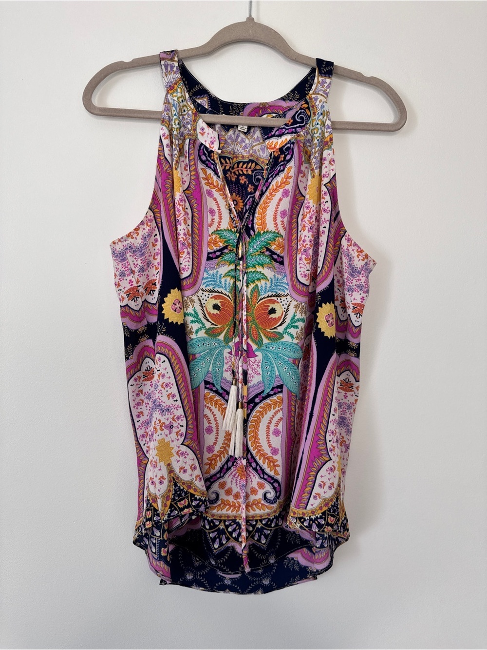 Rose & Olive Tunic Top Floral Tassle Tie Shirt Blouse Sz L